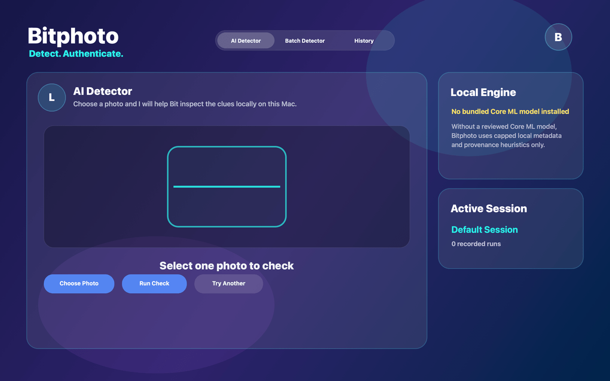 Bitphoto macOS AI Detector screen with a selected AI Detector tab, photo selection area, local engine status, and active session panel.